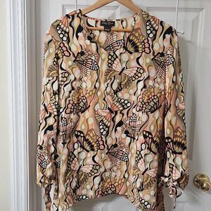 Patti LaBelle 100% Silk Butterfly Print Blouse with Tie Cuffs Size L